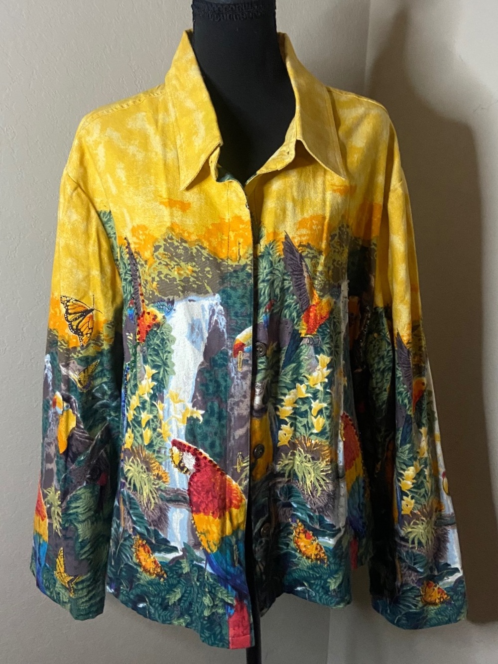 Take Two Clothing Co Tropical Parrot Butterfly Waterfall Canvas Jacket Yellow 1X